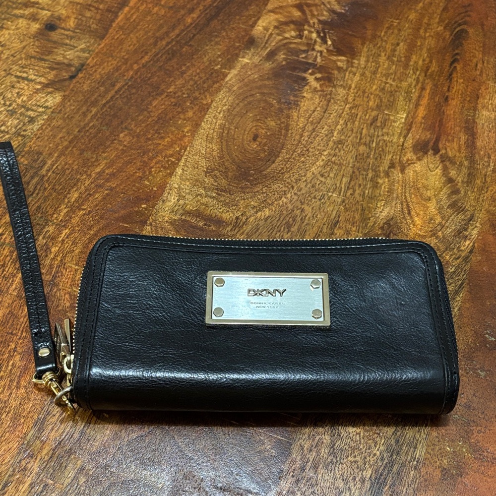 DKNY Black Leather Wristlet with Gold Accents